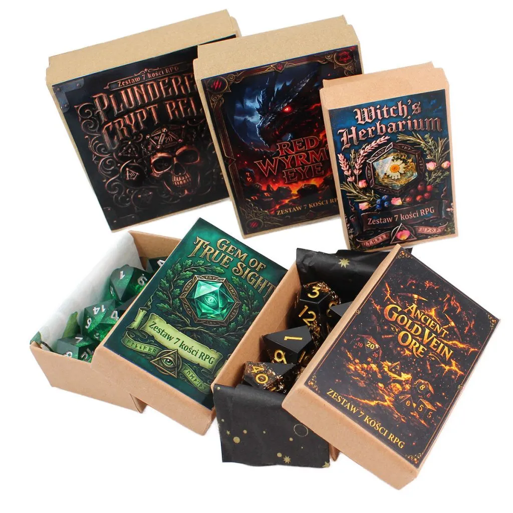 Zestaw 7 kości RPG z przezroczystej żywicy o ostrych krawędziach w pastelowych odcieniach fioletu i zieleni z folią holograficzną | Kości Żywiczne Faerie Aurora Lume Design