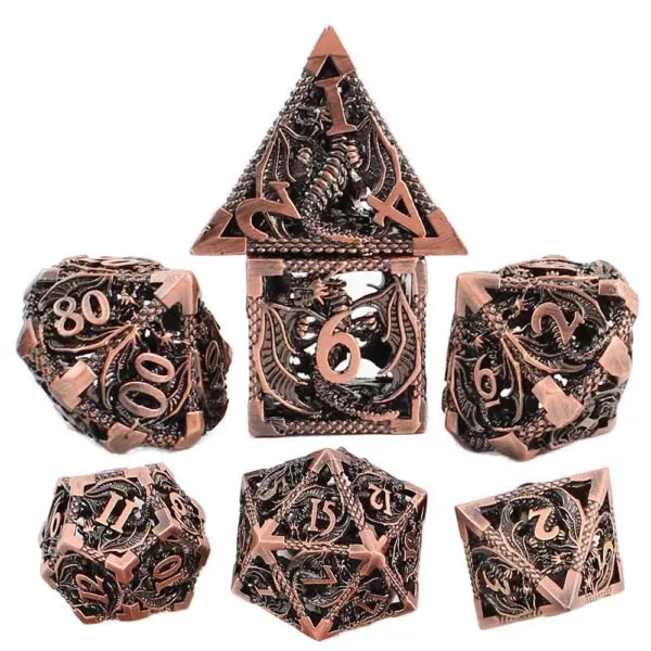 Metalowe ażurowe kości RPG z motywem smoków w kolorze oksydowanej miedzi | Kości Metalowe Dragon's Breath Hollow Lume Design