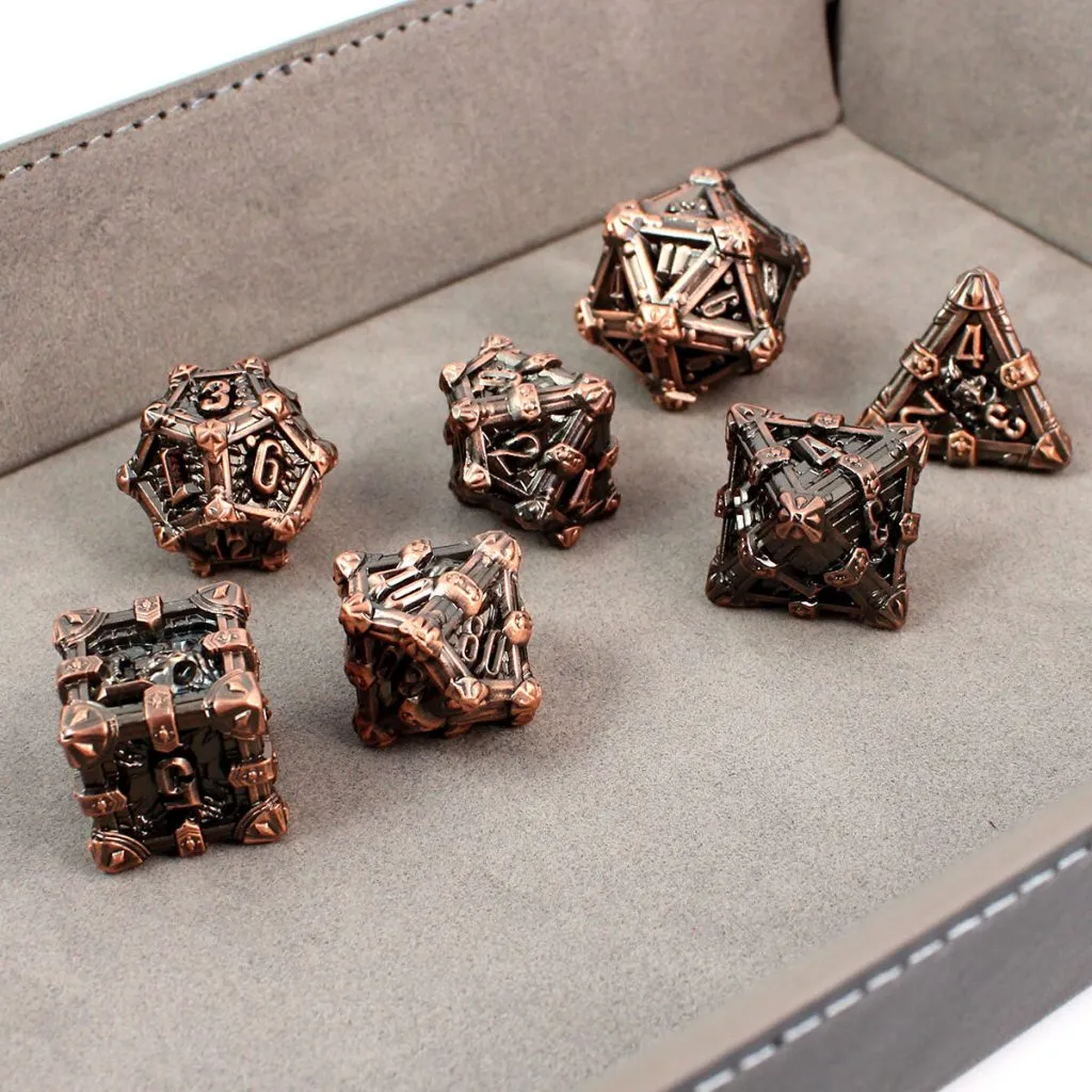 Zestaw ciężkich metalowych kości RPG Plundered Crypt Relic oksydowana miedź czaszki