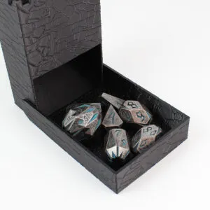 Zestaw ciężkich metalowych kości RPG Ancient Monolith Stonehenge świecące niebieskie runy