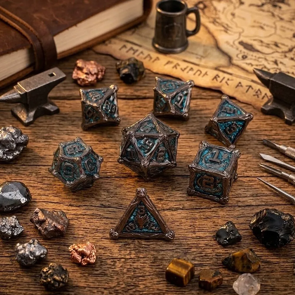 Zestaw ciężkich metalowych kości RPG Azure Dragon's Soul niebieski brokat gunmetal