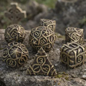 Metalowe kości RPG z rzeźbionymi wzorami celtyckich węzłów w kolorze antycznego brązu | Kości Metalowe Celtic Ancient Knots Lume Design