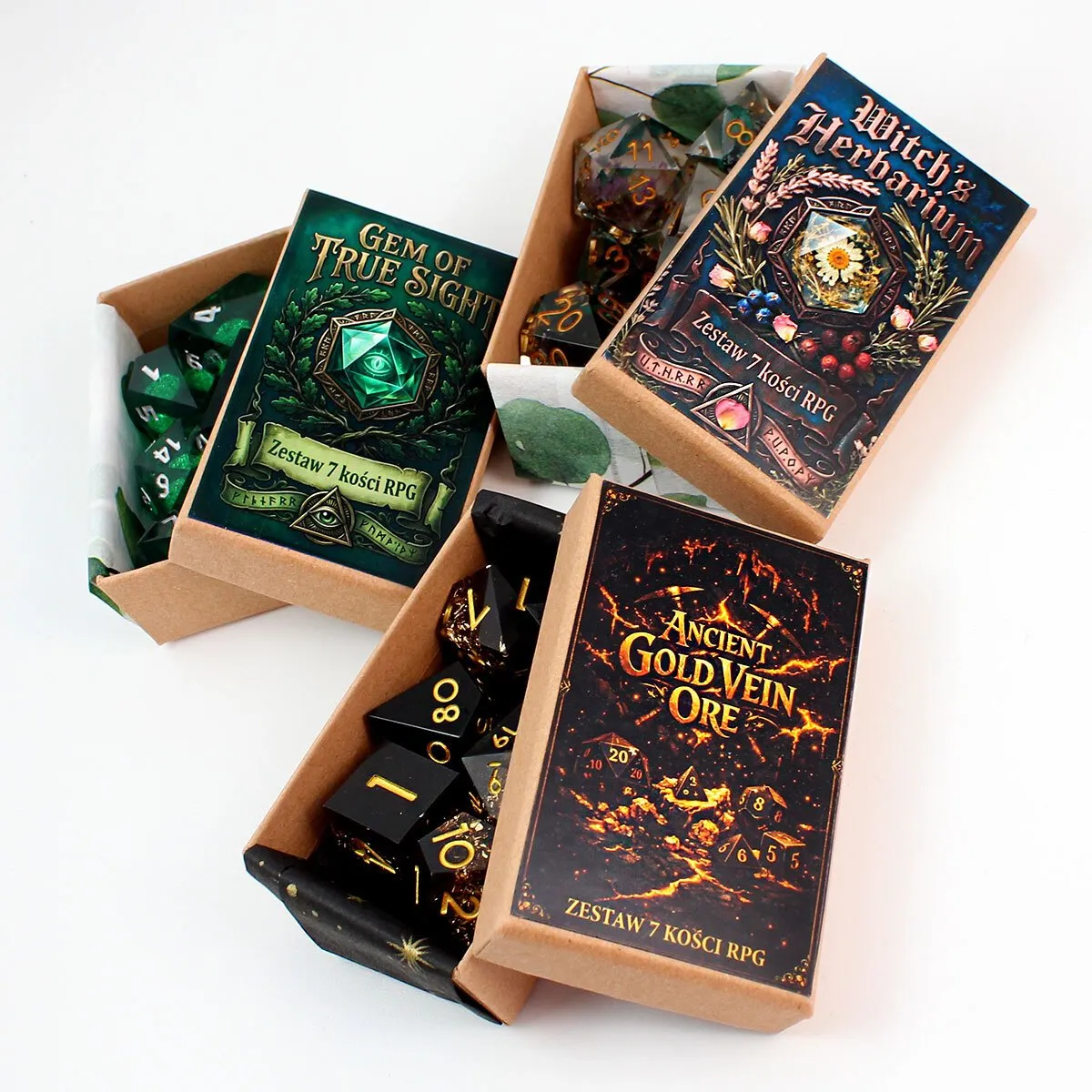 Zestaw 7 kości RPG z żywicy z ostrymi krawędziami imitujący kosmos z błękitnym płynnym wnętrzem i fioletowymi smugami | Kości Liquid Core Astral Nebula Lume Design
