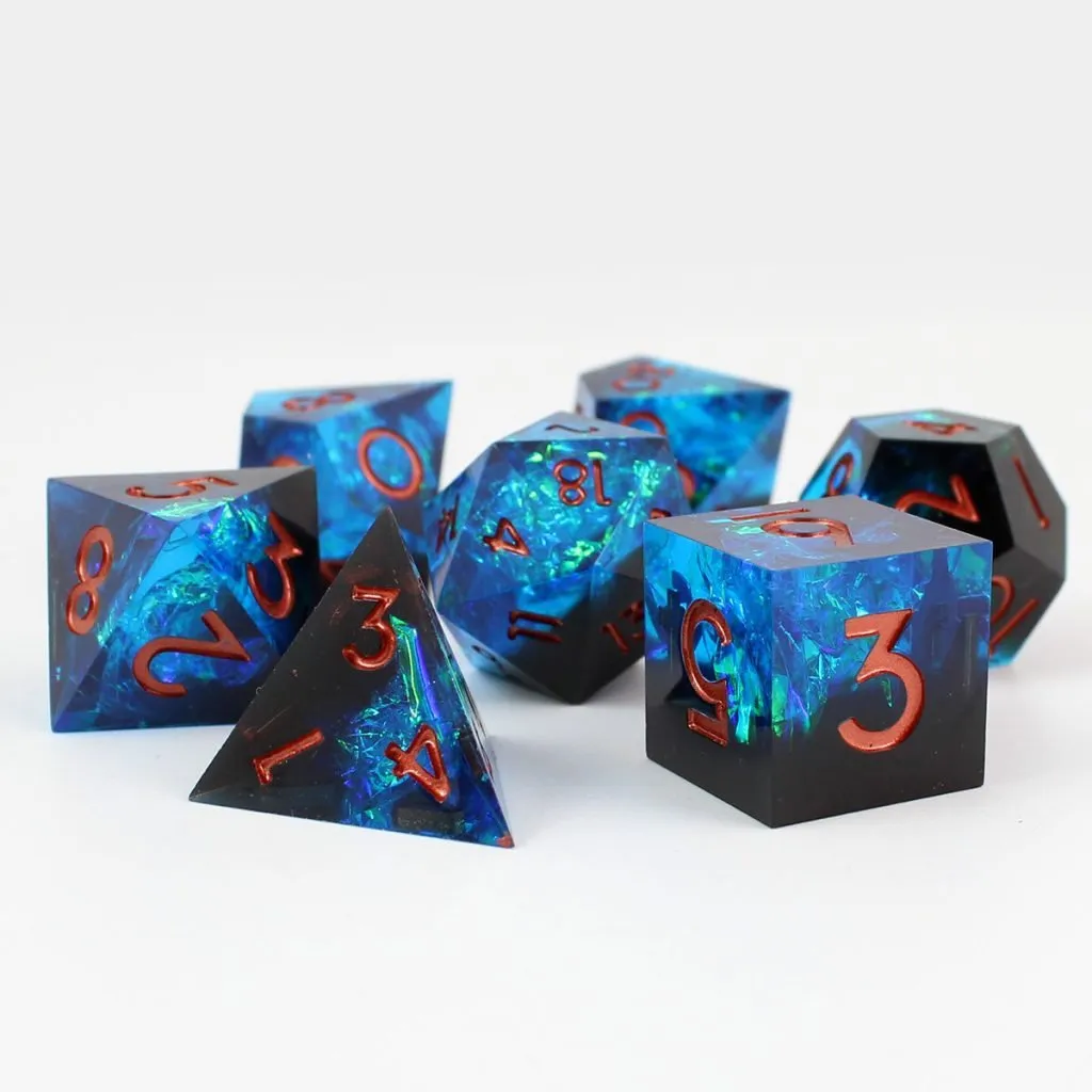 Zestaw kości RPG Celestial Shard z holograficznym blaskiem i miedzianymi cyframi