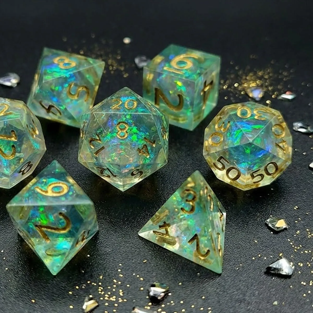 Zestaw kości RPG Sharp Edge Aurora Mint miętowe holograficzne