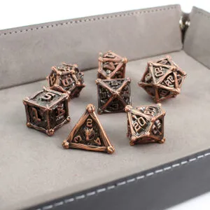 Zestaw 7 metalowych kości RPG w kolorze oksydowanej miedzi z rzeźbieniami | Metalowe Kości Ancient Copper Dragon