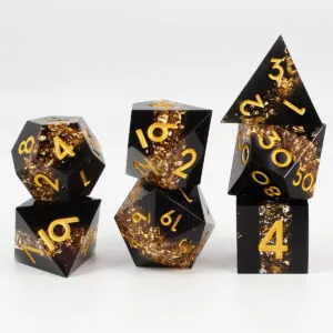 Zestaw kości RPG Ancient Gold Vein Ore czarne ze złotymi drobinkami ostre krawędzie
