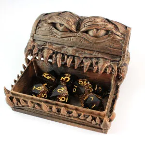 Zestaw kości RPG Ancient Gold Vein Ore czarne ze złotymi drobinkami ostre krawędzie