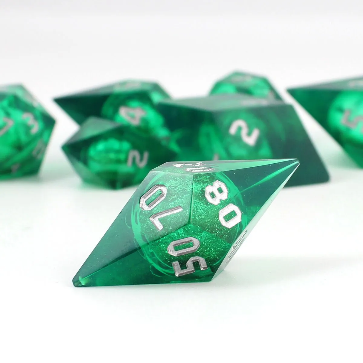 Zestaw zielonych kości RPG Gem of True Sight o nietypowych kryształowych kształtach Liquid Core
