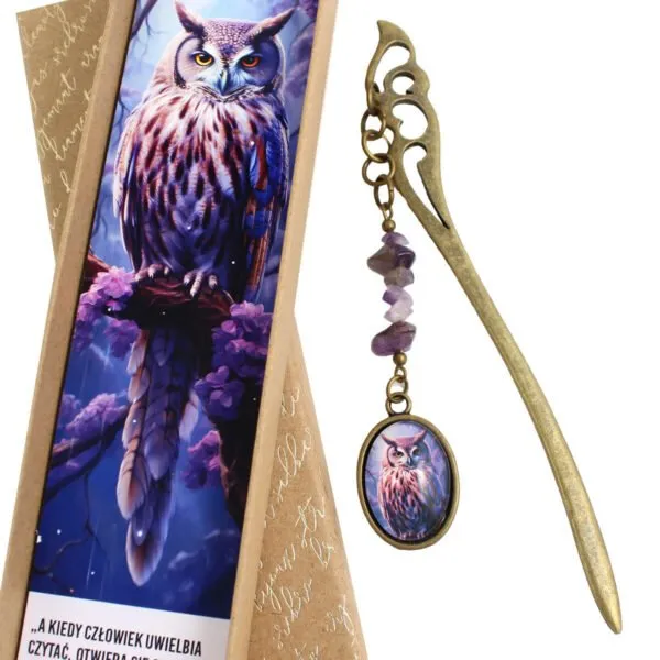 Zakładka z sową ametyst handmade prezent dla mola książkowego magiczna leśna
