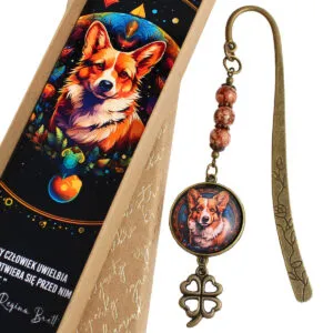 Zakładka do książki z psem corgi i koniczynką, prezent dla miłośnika psów, styl kawaii