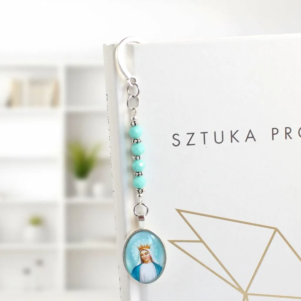 Zakładka do książki z Matką Bożą i niebieskimi koralikami – Lume Design