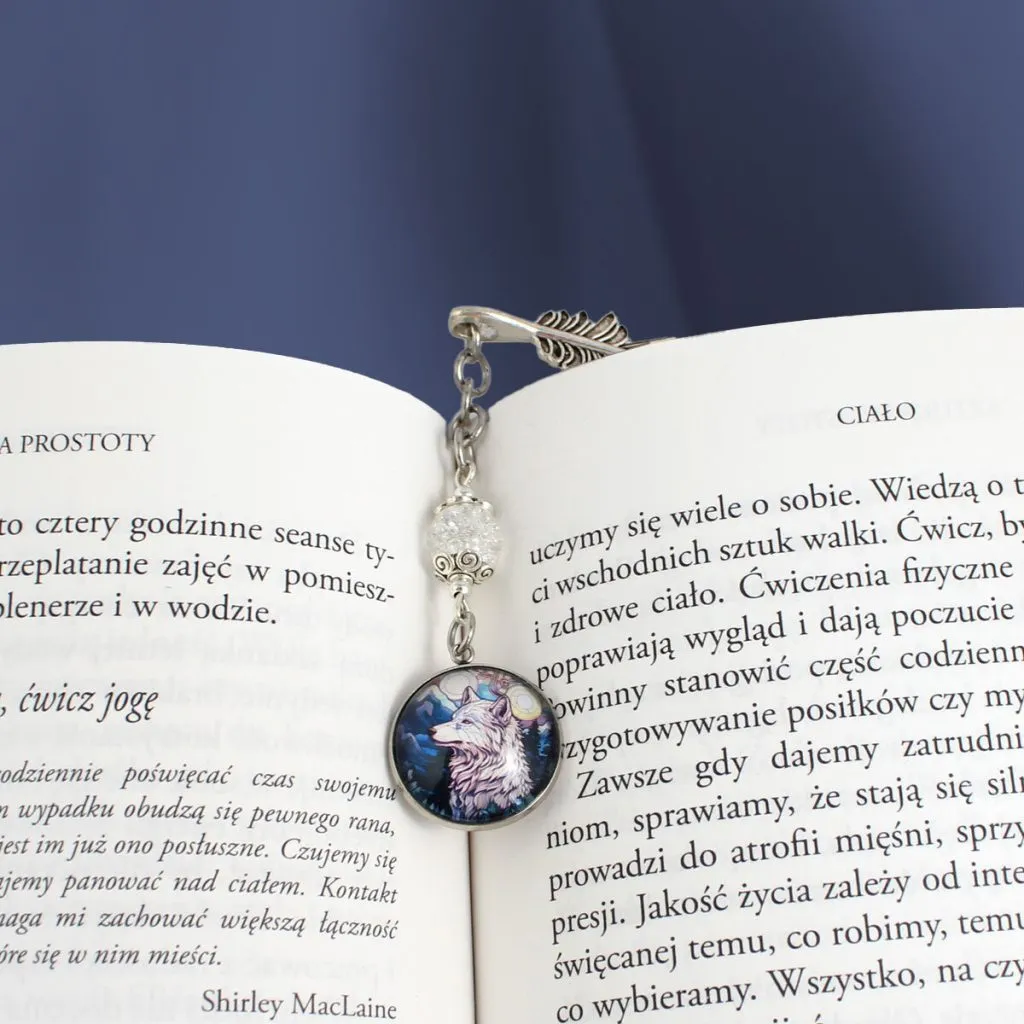 Zakładka do książki z wilkiem lodowy motyw zimowy szkło piórko