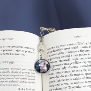Zakładka do książki z wilkiem lodowy motyw zimowy szkło piórko