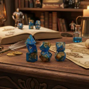 Zestaw kostek RPG klasyczne błękitne mieniące zaokrąglone DnD
