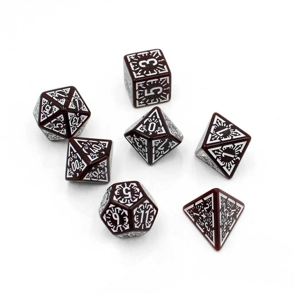 Zestaw kości wielościennych RPG bordowe runiczne zaokrąglone DnD