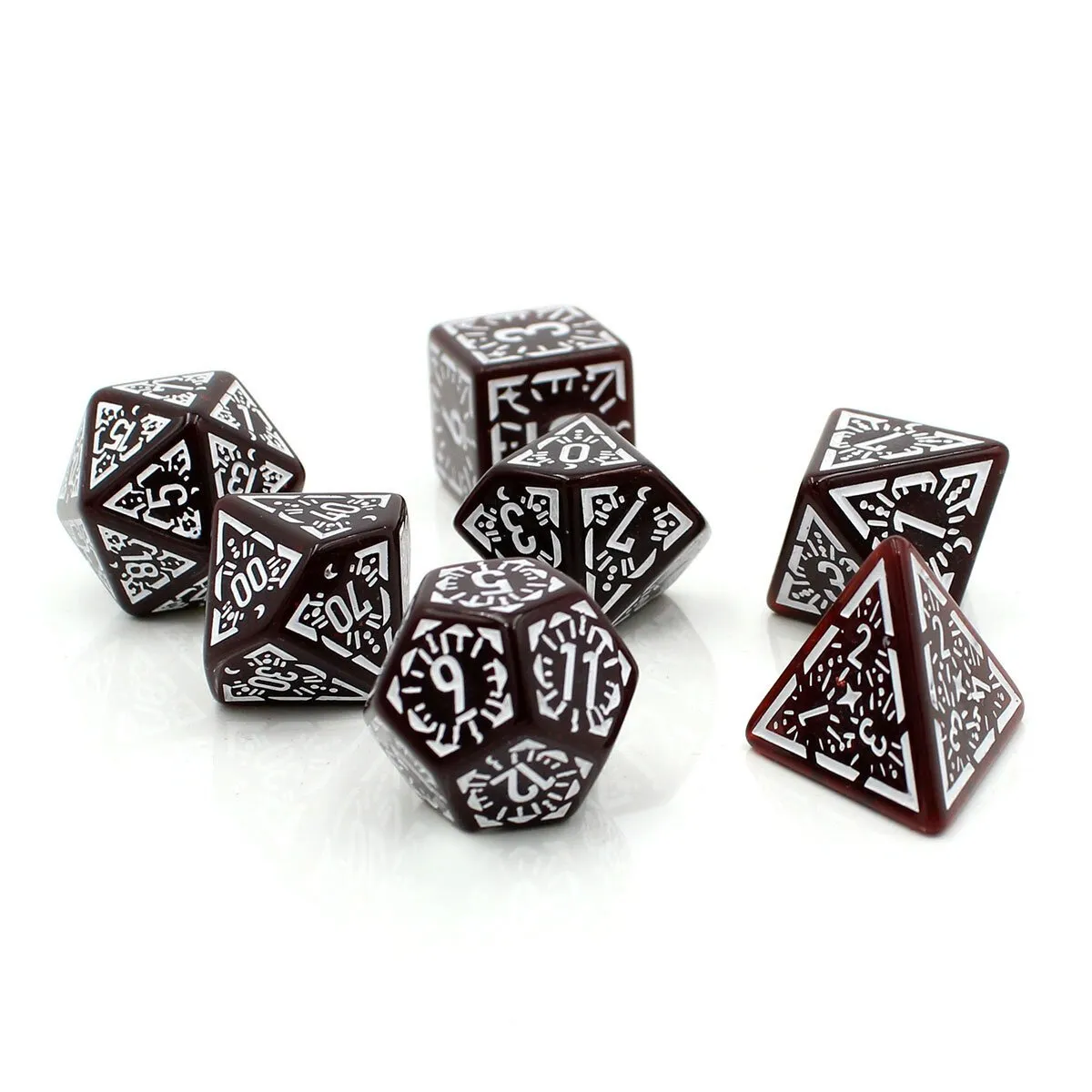 Zestaw kości wielościennych RPG bordowe runiczne zaokrąglone DnD - obrazek 2