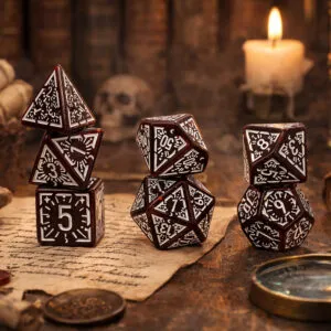 Zestaw kości wielościennych RPG bordowe runiczne zaokrąglone DnD