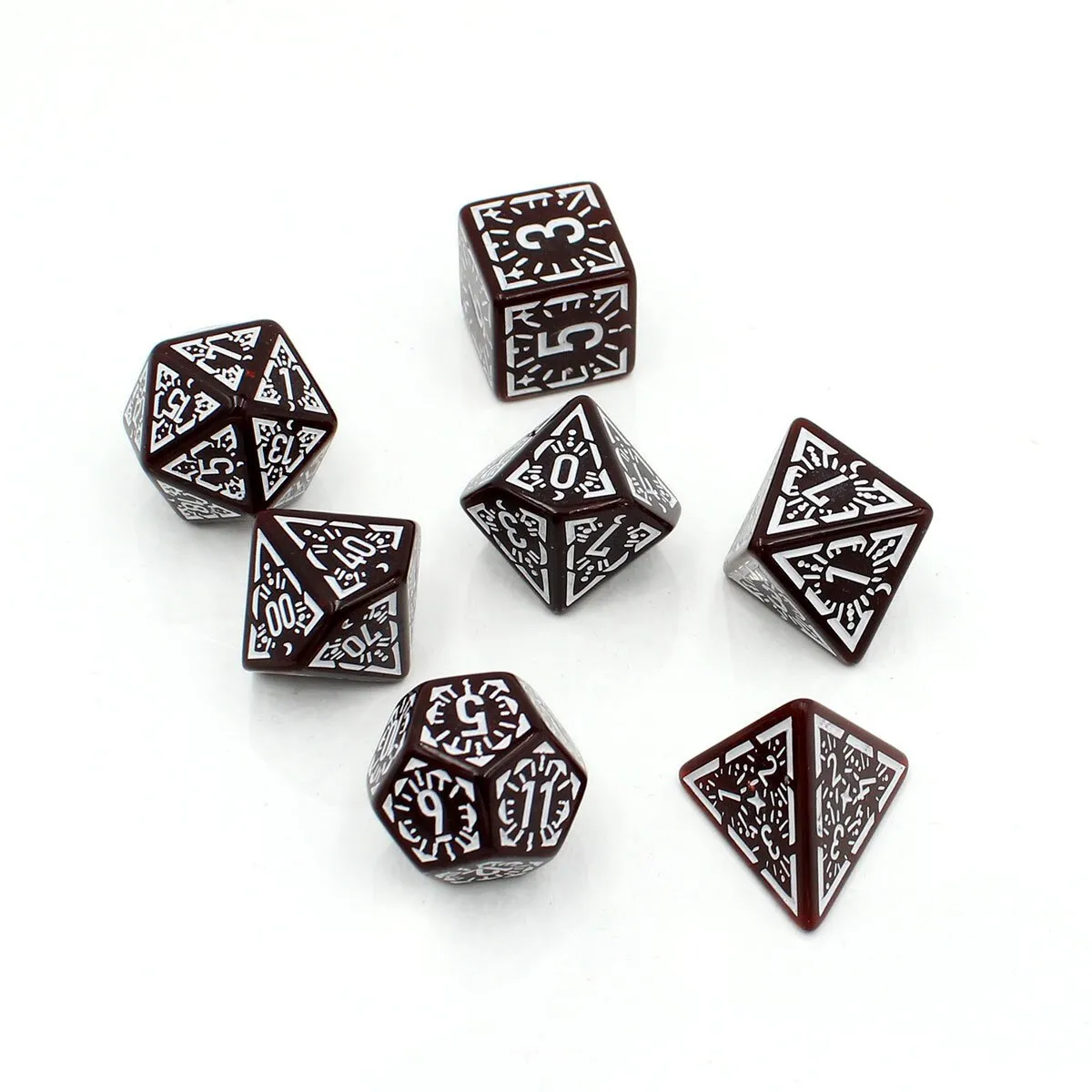 Zestaw kości wielościennych RPG bordowe runiczne zaokrąglone DnD