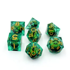 Kości RPG liquid core zielone z okiem – zestaw wielościenny do DnD