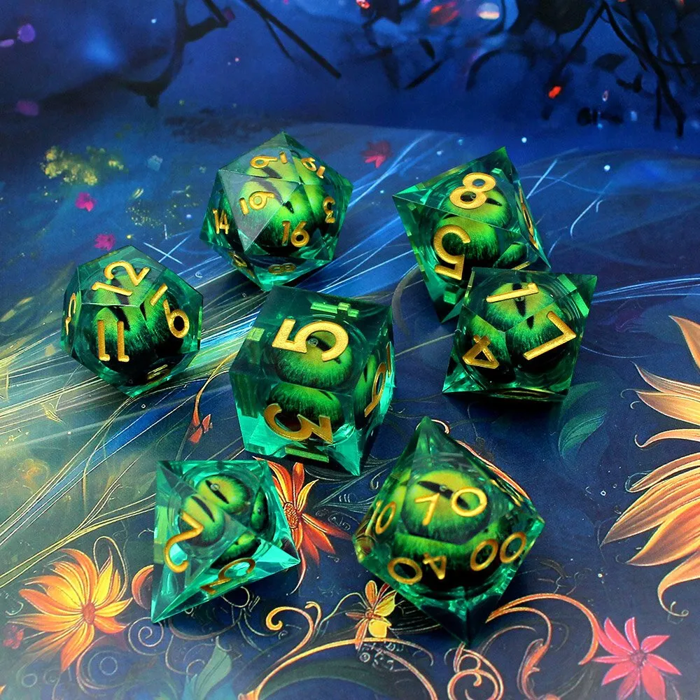 Kości RPG liquid core zielone z okiem – zestaw wielościenny do DnD