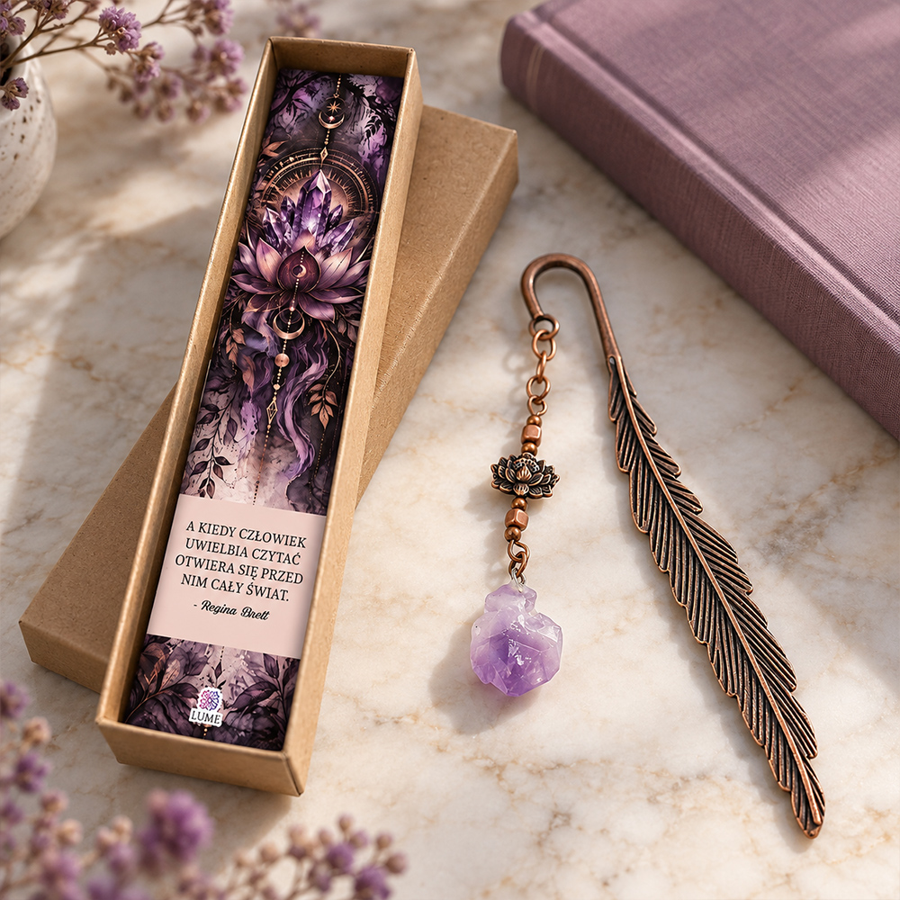 Zakładka do książki z ametystem lotos personalizowana prezent boho