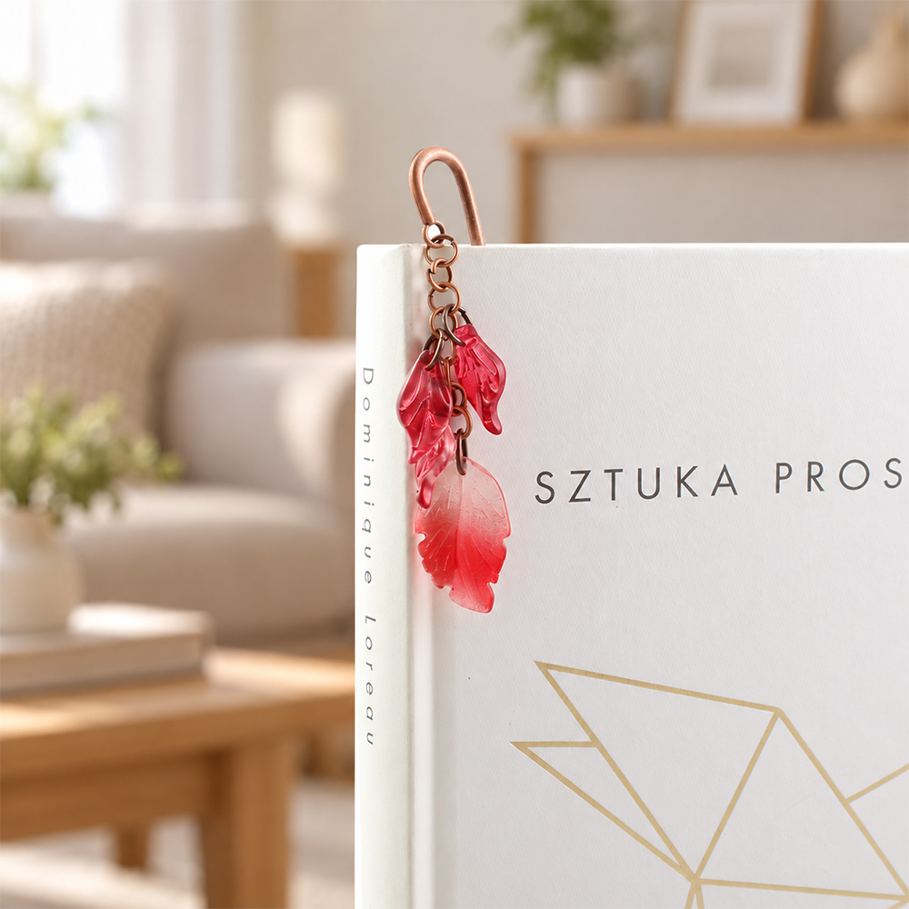 Zakładka do książki czerwone liście jesienna miedziana piórko