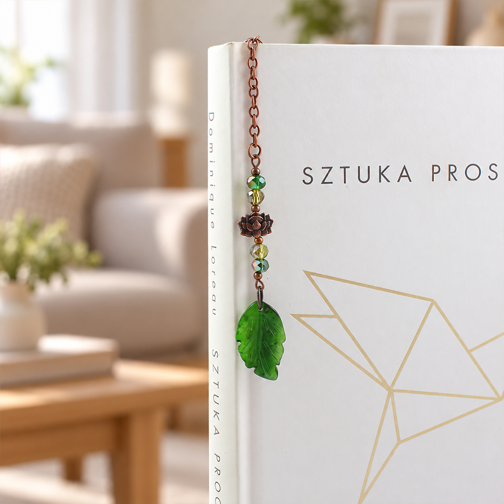 Zakładka do książki zielone liście lotos boho piórko z pudełkiem