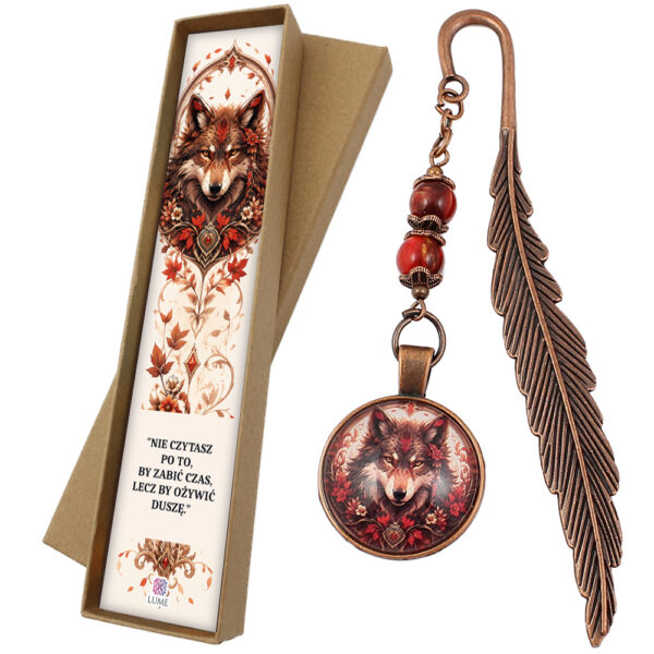 Zakładka do książki wilk boho indiańska amulet miedziana pióro