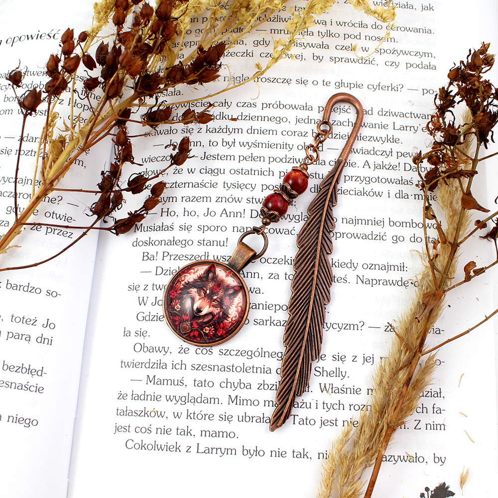 Zakładka do książki wilk boho indiańska amulet miedziana pióro