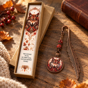 Zakładka do książki wilk boho indiańska amulet miedziana pióro