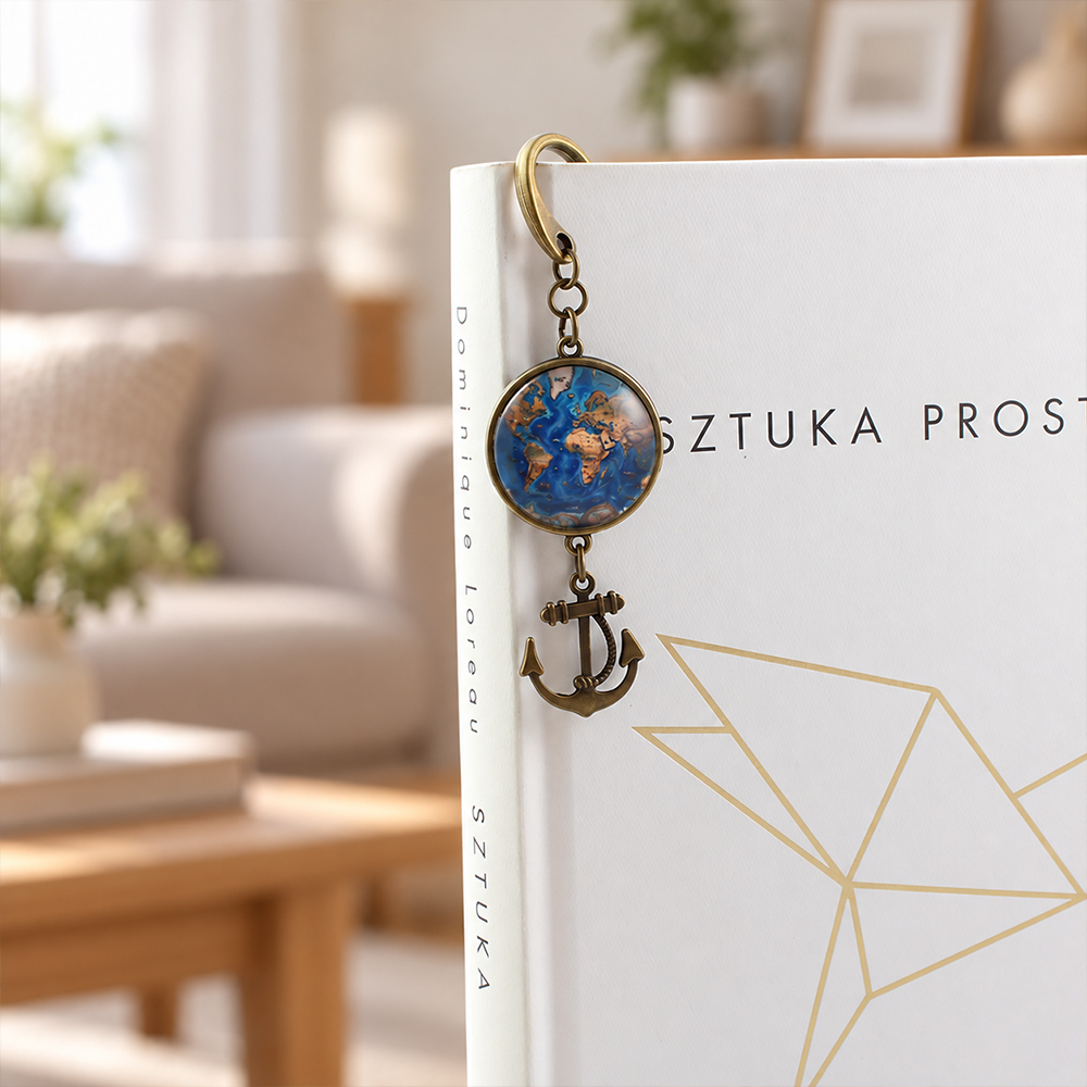 Zakładka do książki mapa świata globus kotwica prezent dla podróżnika